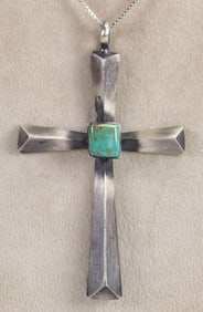 Ray Betsoi Sterling Silver Sand Cast Cross Pendant w/Turquoise Accent