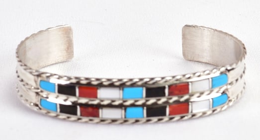 Native American Sterling Inlay Multi-Stone 2 Row Cuff Bracelet