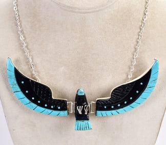 Navajo Sterling Silver Nevada Turquoise and Jet Carved Eagle Necklace