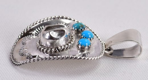 Navajo Sterling Silver Cowboy Hat Pendant With Turquoise Accents