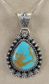 Native American Sterling Nevada Turquoise Pendant w/Star Concho Frame