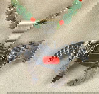 Chimney Butte Sterling Horse Pendant Necklace w/Turquoise and Heishi Beads: Sterling Silver| Chimney Butte Sterling Silver Horse Pendant w/Coral - Has Turquoise and Heishi Bead Chain| Genuine Turquoise, Genuine Coral| Beads measure 16" in length| Pendant measures 1.75" Tall x