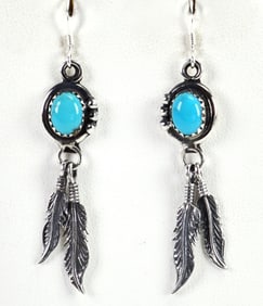 Native American Sterling Silver Feather Earrings w/Turquoise Accent