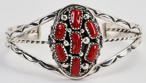 Melvin Chee Sterling Silver Coral Cluster Cuff w/Rain Drop Beads