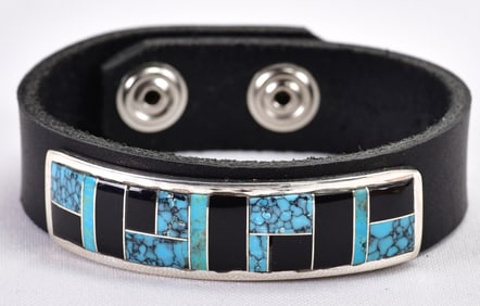 Edison Yazzie Sterling Inlay Turquoise and Onyx Bracelet on Leather Strap