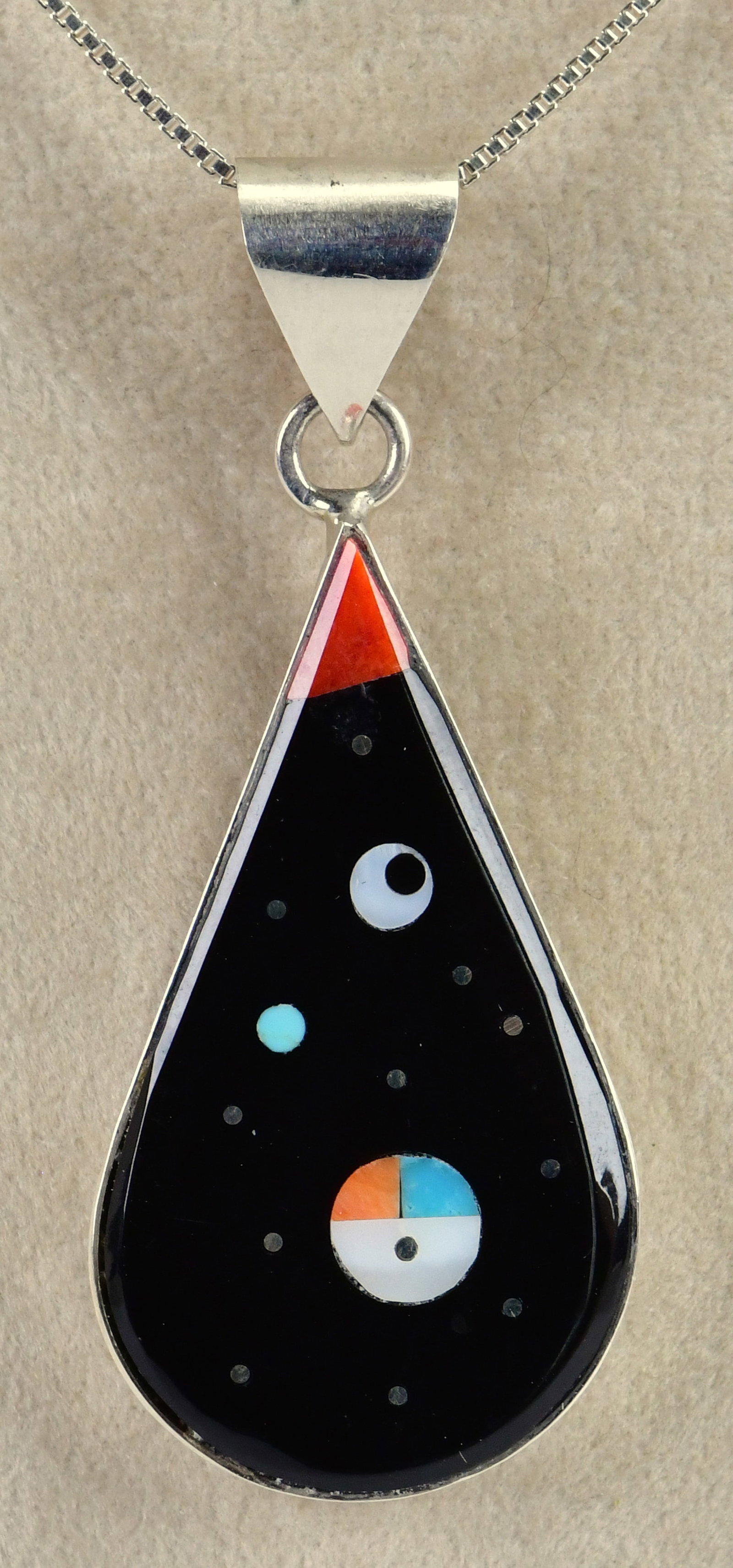 H. Smith Sterling Silver Micro Inlay Sunface Starry Night Pendant: Pendant Only - Sterling Silver| Herman Smith Sterling Silver Micro Inlay Sunface Starry Night Pendant| Genuine Turquoise, Spiny Oyster, Coral, Mother of Pearl and Jet| Measures 2.5" Long x 1" Wide| Si