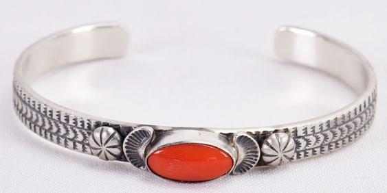 Mary Ann Spencer Sterling Silver Coral Stamped Cuff Bracelet