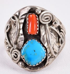 Native American Sterling Silver Turquoise & Coral Men's Ring