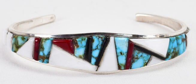 Unusual Native American Inlay Cuff Bracelet w/White Onyx