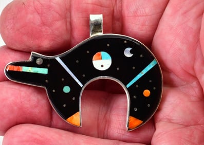 H. Smith Sterling Silver Micro Inlay Bear Pendant w/Sunface and Night Sky