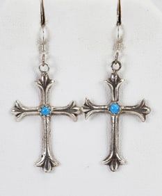 Native American Sterling Silver Cross Earrings w/Turquoise Accent