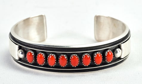 Navajo Sterling Silver Mediterranean Coral Row Bracelet