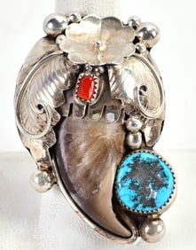 Navajo Sterling Silver Bear Claw Men's Ring w/Turquoise & Coral