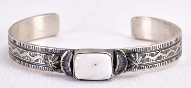 Melvin Francis Sterling Silver White Buffalo Turquoise Stamped Cuff
