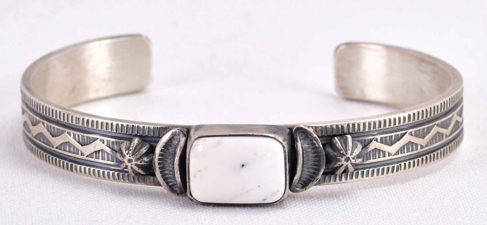 Melvin Francis Sterling Silver White Buffalo Turquoise Stamped Cuff (1 of 5)