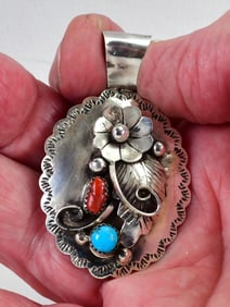 Vintage Navajo Sterling Silver Feather Pendant w/Turquoise & Coral