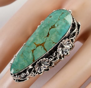 E. Bahe Sterling Silver Carico Lake Turquoise Ring w/Elaborate Frame Design