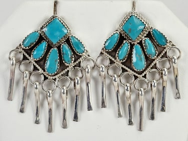 Native American Sterling Nevada Green Turquoise Earrings w/Dangles