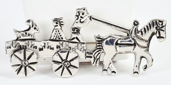 Navajo Sterling Silver Horse and Wagon Pin