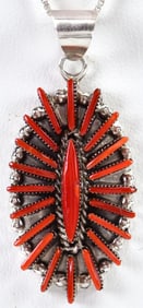 Zuni, Sterling Silver Needlepoint Coral Cluster Pendant Necklace