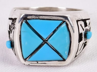 Native American Sterling Kingman Turquoise Overlay Men's Ring