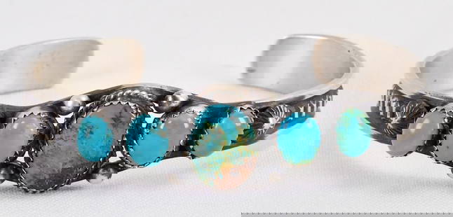 Elvira Bill Sterling Silver Kingman Turquoise 5 Stone Cuff Bracelet: Sterling Silver| Elvira Bill Sterling Silver Kingman Turquoise 5 Stone Cuff Bracelet| Genuine Kingman Turquoise| Inside measures 5.25" plus a gap of 1.25" - Total 6.5"| Face Width 3/4"| Hallmarked "EL