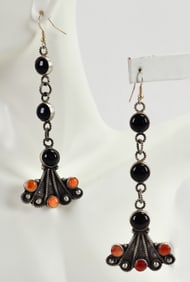 Devin Brown Sterling Silver Long Black Onyx and Spiny Oyster Earrings