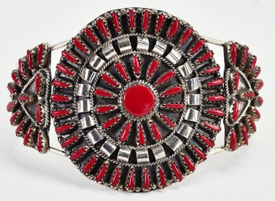 Violet Begay Sterling Silver Block Coral Needlepoint Cluster Cuff