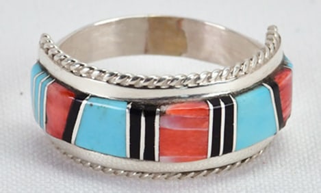 Zuni, D. Banteah Sterling Inlay Multi-Stone Men's Band Ring