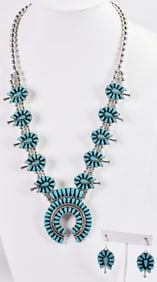 Juliana Williams Sterling Block Turquoise Squash Blossom Necklace Set