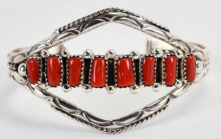 M. Chee, Navajo, Sterling Silver Coral Cuff Bracelet