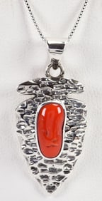 Native American Sterling Silver Arrowhead Pendant Necklace w/Coral