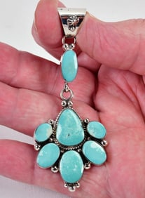 Navajo Sterling Silver Large Campitos Turquoise Pendant