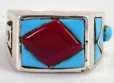 Native American Sterling Coral and Turquoise Men's Ring