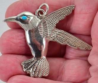 Native American Sterling Silver Heavy Gauge Hummingbird Pendant w/Turquoise