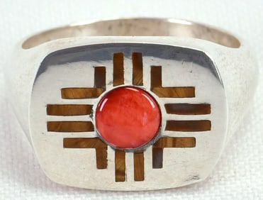 Native American Sterling Silver "Zia" Men's Ring w/Coral
