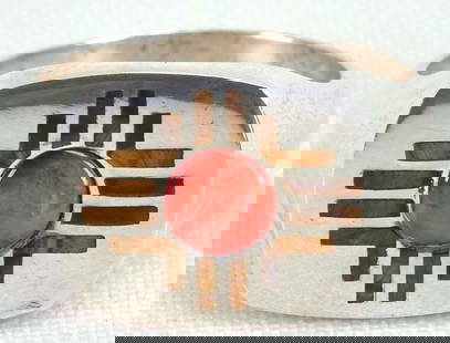 Native American Sterling Silver "Zia" Men's Ring w/Coral: Sterling Silver| Native American Sterling Silver "Zia" Ring w/Coral| Genuine Coral| Measures 1/2" tall x 5/8" Wide| Has Zia Symbol in center with a Genuine Coral stone| Hallmarked "HOZHO"| Weighs 10 G