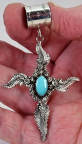 Native American Sterling Silver Cross Pendant w/Campitos Turquoise