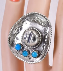 Native American Sterling Silver Cowboy Hat Ring w/Turquoise