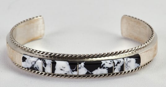 Navajo Sterling Silver White Buffalo Turquoise Inlay Cuff Bracelet