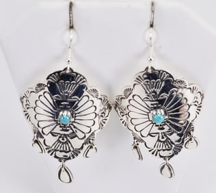 Native American Sterling Stamped Earrings w/Dangles & Turquoise Accent