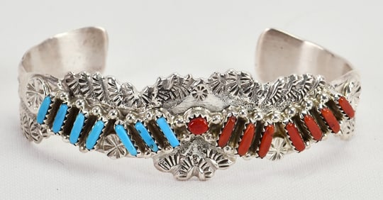 Murry Hannaweeke Sterling Turquoise & Mediterranean Coral Cuff Bracelet