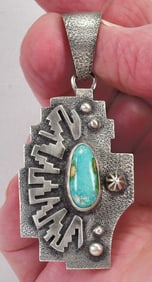 Native American Sterling Sandcast Cypress Sierrita Turquoise Pendant