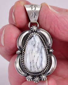 Native American Sterling White Buffalo Turquoise Repousse Pendant