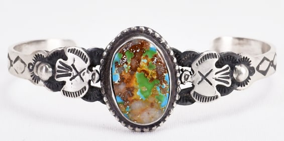 Lorenzo James Sterling Silver Royston Turquoise Cuff w/Thunderbird accents