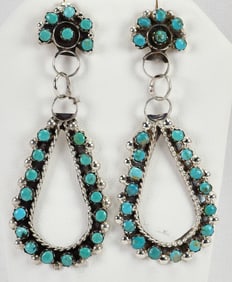 Zuni, Sterling Silver Sleeping Beauty Turquoise Snake Eye Teardrop Earrings