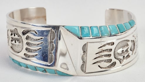 Leonard Jim Sterling Silver Bear Paw Cuff w/Side Inlay Turquoise