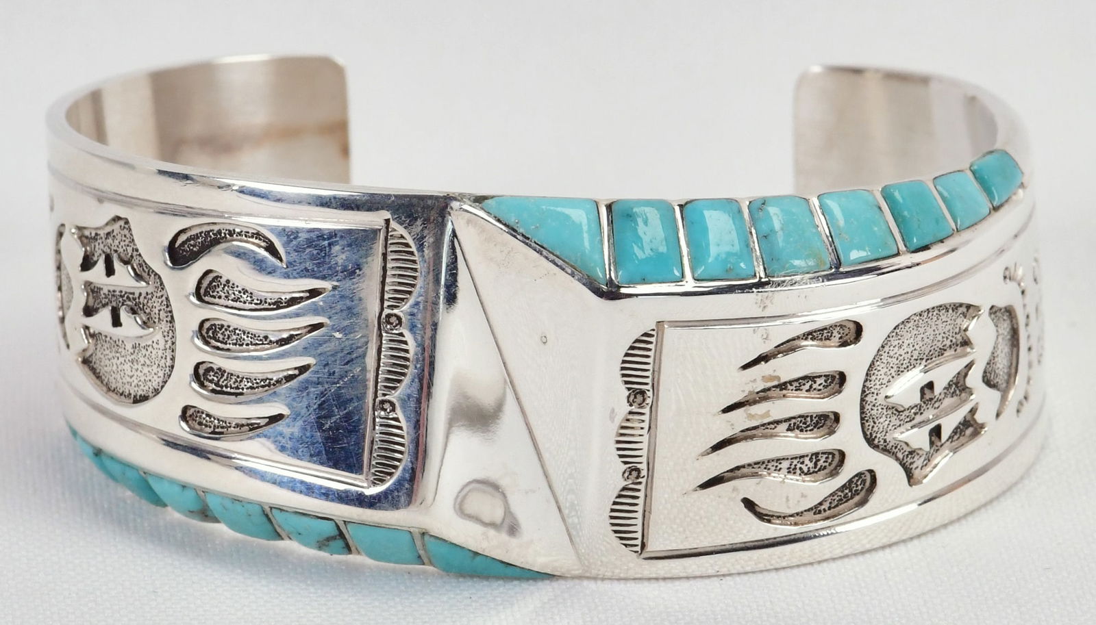 Leonard Jim Sterling Silver Bear Paw Cuff w/Side Inlay Turquoise (1 of 5)