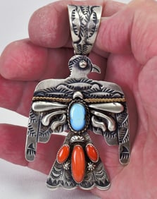 Richard Yazzie Amazing Large Thunderbird Pendant w/Turquoise & Coral