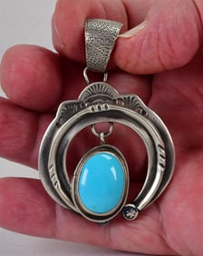 Native American Sterling Sand Cast Naja Pendant w/Turquoise